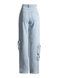 Fashion Women's Cotton Jeans High Waist Loose Long Straight Pocket Wide Leg Blue Denim Pants Spring 2023 Trend New