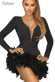 Elegant Women Bandage Dress Sexy Feathers Long Sleeve Bodycon Clothing Club Party Evening Mini