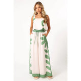 Women's Summer New Short Vest Print Tight Waist Broad Leg Trousers Two-Piece Set Casual