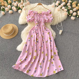 Women Chiffon French Style Dress Summer 2022 Slash Neck Vacation Elastic Waist Elegant Party Slim A Line Long