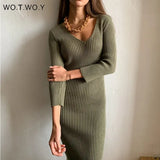 WOTWOY V-Neck Wrapped Knitted Dress Women Autumn Solid Sheath Sweater Dresses Women Knee-Length Bodycon Long Sweater Female