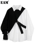 Women White Knitting Split Big Size Blouse New Lapel Long Sleeve Loose Fit Shirt Fashion Tide Spring Autumn 2023