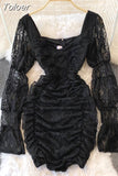 Summer Sexy Floral Lace Mini Party Dress Women Sweet Square Collar Hollow Out Flare Sleeve Empire Ruched Bodycon Club