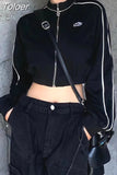 Grunge Zip Up Hoodie Streetwear Women Korean Fashion Casual Slim Sweatshirts Striped Black Long Sleeve Cropped