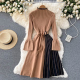 Winter Spliced Knitter Pleated Dress Flare Sleeve Elastic Belt Stand Neck Elegant Retro Female Midi Long Sweater