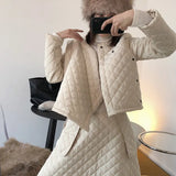 Women Winter New Niche Design Rhombic Oblique Short Cotton Jacket High Waist Skirt Oversize A-line skirt For Two Piece