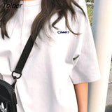 Women Short Sleeve T-shirts Loose Casual Letter Embroidery O-neck Korean Style Fashion All-match Student Streetwear Ulzzang