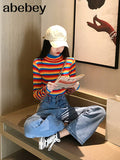 Rainbow Knitted Women Sweaters And Long Sleeve Casual O-Neck Pullovers Sueter Mujer Tops Striped Turtleneck