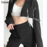 Women's Blazer Metal Chain Cropped Coat Blazer Jacket Vintage Aesthetics Bandage Black Ladies Office 90s Short