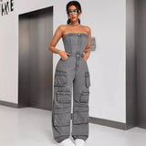 Women's Denim Cloth Jumpsuit Women's Fashion Babes Breasts Multi-Pocket Work