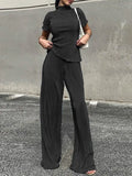 Fashion Women's 2 Pcs Set Pleated New Round Neck Loose Short Sleeve Tops And Highwaist Straight Pants Summer 2023