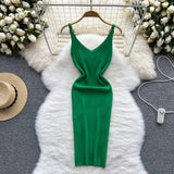 Backless Sleeveless Women Knitted Dress Slim Solid Gentle Fashion 2022 Summer V Neck Ladies A Line Midi
