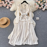 Toloer Small Fragrant Wind Dress Female Senior Sense Heavy Industry Nail Bead Metal Buckle Square Collar Lace Stitching Pleated Fairy