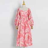 Print Colorblock Dress For Women Square Collar Long Sleeve High Waist Loose Midi Dresses Female Fashion Clothes