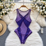 Sexy Mesh Women Bodysuits Casual Hollow Out Sleeveless Sheath 2022 Ladies Underwear Fashion Summer Solid