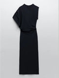 Fashion Women's Knitted Dress Round Collar Asymmetry One Shoulder Half Sleeve Pleated Black Dresses Spring 2023 New