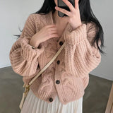 Solid V Neck Puff Sleeve Cable Knit Cardigan-Outfit