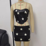 Toloer Style Star Print Leather Chest Waist Top Women's Slim Zipper Top Vest Skirt Suit-Outfit
