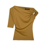 Set Asymmetric Coat 2025 Summer Folded Single-Sleeved Elastic Body Trim Women's T-Shirt