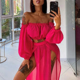 Cover-ups Set See-through Long Sleeve Crop Tops and Cover Up Skirts Two Piece Women Mesh Sheer Swimwear Beach Dress