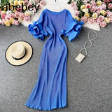 Elegant Women French Style Platycodon Grandiflorum Fairy Ruffled Flare Sleeve Pleated Solid Long Dresses