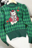 Women Sweater Long Sleeve Arglye Green Pullovers Sweater Knitted Cat Embroidery Femininas Jumpers Loose Casual