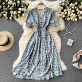 button floral print V Neck Long Dress Summer Party elastic waist dress Women elegant tunic split beach