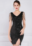 Modest V-neck Sleeveless Sequined Mini Slit Club