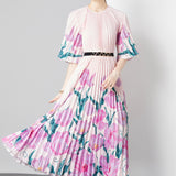 Exquisite Dress Women 2025 New Lazy Wind Collar Mid-Sleeves To Close The Waist Temperament 100-Fold Printing