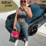 Sisterlinda Ribbed Knitted Fitness Tracksuit Women Two Piece Set Sexy Skinny Elastici Y2K Camis Tank Top+Pants Sporty