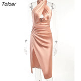 Satin Elegant Party Midi Dress Hollow Out Backless Bodycon Folds High Split Bandage Sleeveless Sexy Sparkly Dress