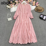 New Spring Fashion All-match O-neck long sleeve Dress high waist slim hollow out lace solid