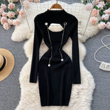 Hollow Out Sexy Sweater Dress Temperamant Fashion Chain Long Sleeve Slim Ladies Autumn Korean Elastic Knitted