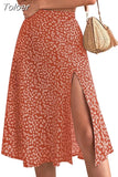 Women Summer Green Boho Midi Skirts Elegant Split Thigh Print Long Length High Waist Slit A Line Korean Fashion