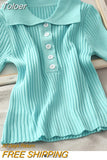 New Women Ribbed Button Up Polo Shirt Female Plain Short Sleeve Candy Colors Top Stretchy Slim Tee Shirts 2023