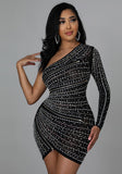 Black Sexy One Shoulder Single Sleeve Mesh Beading Mini Club