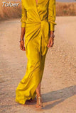 Ladies High Waist Split Mopping Dress Long Sleeve Lapel Dress Women Vintage Skirt Sexy Party Dress Elegant High