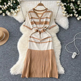 Version Of Fashion V-Neck Short-Sleeved Striped Knitted Dress Women Thin Senior Sense 100-Folded Dress Women