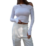 Aesthetic T Shirt 2023 Spring Autumn Solid Color Off Shoulder Long Sleeve Crop Top 2000s Tees Women Clothing