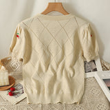 Women Sweet Flower Short Sleeve Cherry Embroidery Knitted Sweater Summer Korean Fashion Y2K Casual Pullover Ladies