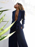 Lace-Up Blazer Two Piece Pants Set Women Elegant Loose Satin Wide Trouser Suits Female Fashion High Waist Pants