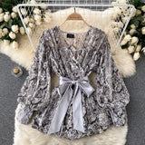 Women Retro Snake Print Blouse Long Sleeve V Neck Sashes Casual Tops Autumn Fashion Loose Streetwear Female