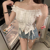 Vintage Kawaii Blouses Women Puff Sleeve Shirring White Shirt for Girl Summer Korean Fashion Preppy Style Sexy Crop