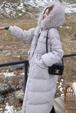 Women 90% White Duck Down Coat Long Fur Hooded Rhombus Pattern Parka Argyle Long Plaid Bubble Jacket Snow