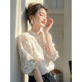 2025 New Light Luxury High-End White Printed Shirt Super Good-Looking Beautiful French Long-Sleeved