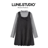 Bow Flower Bud Vest Dress Half-High Collar Wood-Eared Bottoming Shirt Women Fashion