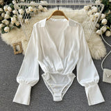 Women Bodysuit Long Sleeve V Neck Casual Solid White Shirts Tops Spring Sexy Fashion Streetwear Rompers Jumpsuits