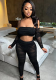 Black Sexy V-neck Wrist Sleeves Crop Top Two Piece Pants