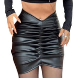 Toloer Color Pleated PU Wrap Hip Skirt Women's Short Skirt-Outfit
