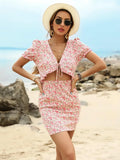 party Pink Boho Dresses For Women 2022 Summer Floral V-neck Skeleton Waist-baring Chiffon Dress Woman Print Hip Wrap Sexy Mini